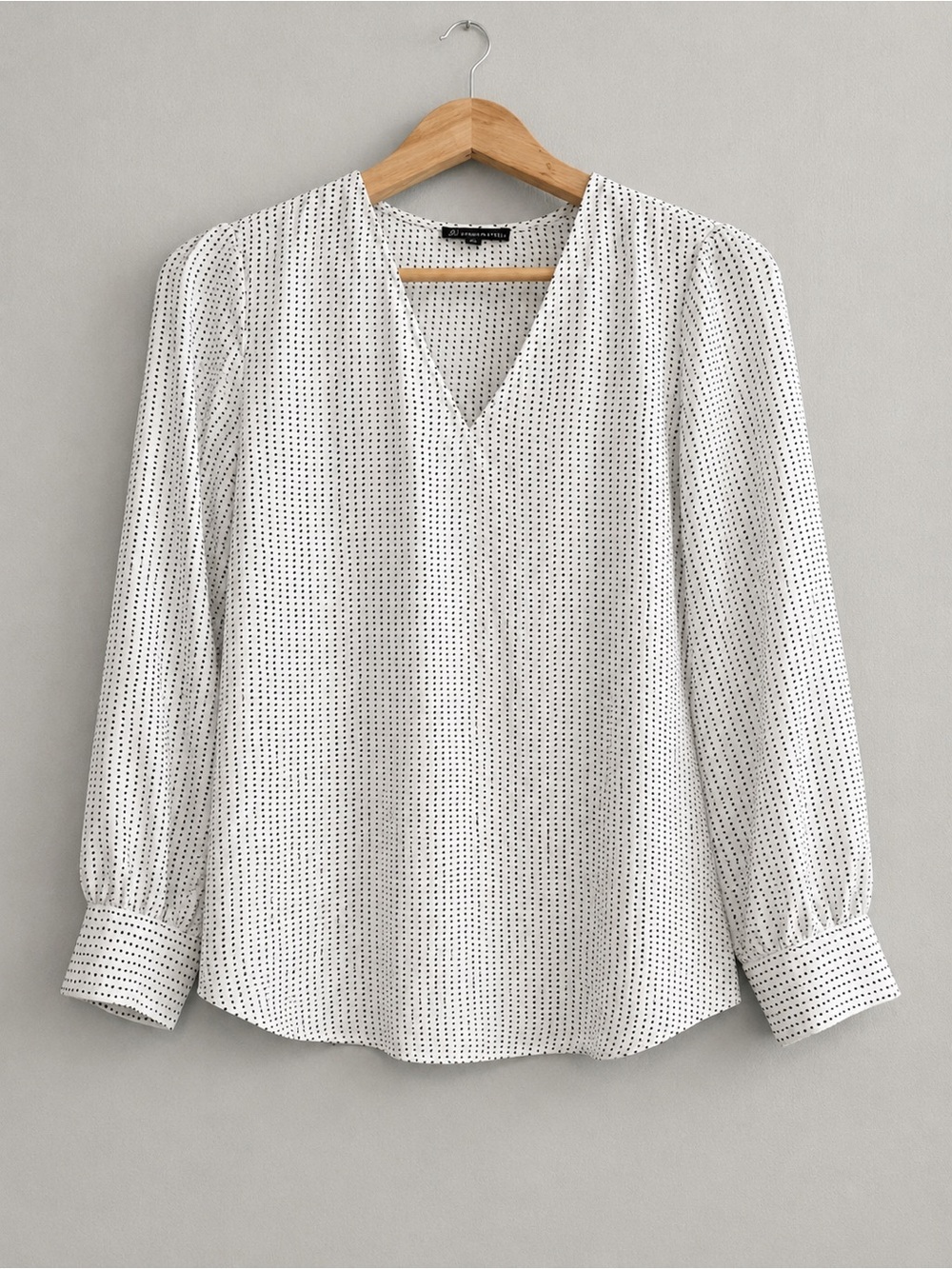 Adrianna Papell Blouse Small White Black Polka Dot V Neck Long Sleeve Career Top